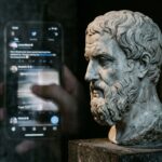 Philosopher Bust with cell phone scrolling