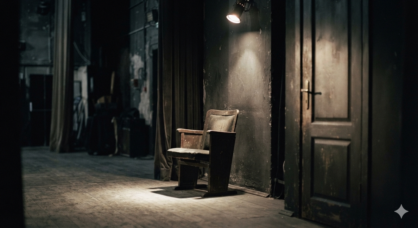 A spotlight on an empty chair beside a dimly lit closed door &mdash; representing an ad hominem argument that targets the person instead of the point