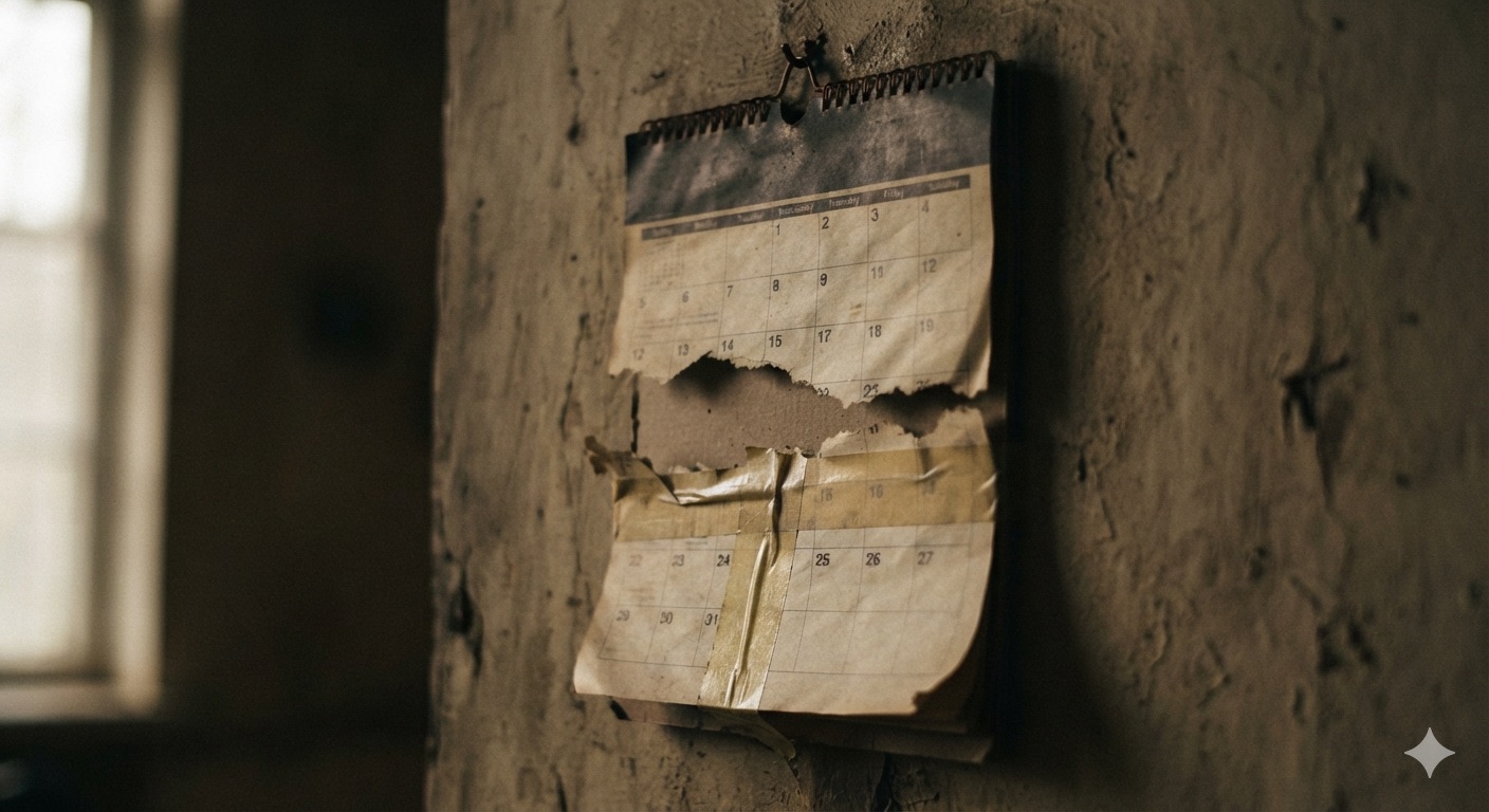 A torn calendar page held past its final day by a strip of tape — representing a continuing resolution, the stopgap that keeps government funding going.