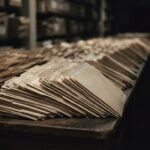 Dozens of identical folders fanned out across a long table into shadow — representing a data broker, a company that compiles and resells personal information.