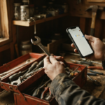 A homeowner's hands weighing whether to DIY the repair or hire a pro, wrench and phone above an open toolbox.