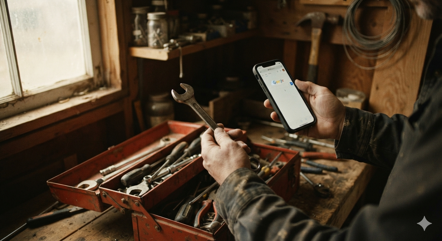A homeowner's hands weighing whether to DIY the repair or hire a pro, wrench and phone above an open toolbox.