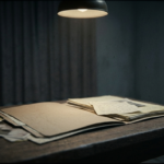 An open folder with papers spilling out under a spotlight — representing doxxing, the exposure of someone's private information online
