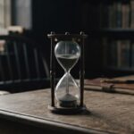 An hourglass with its sand nearly frozen mid-fall beside an empty chair — representing a filibuster, a tactic used to delay a vote through extended debate