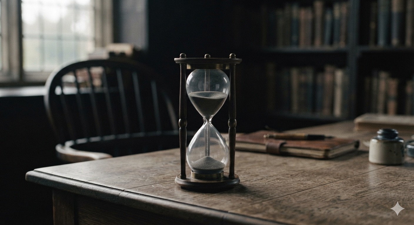 An hourglass with its sand nearly frozen mid-fall beside an empty chair — representing a filibuster, a tactic used to delay a vote through extended debate