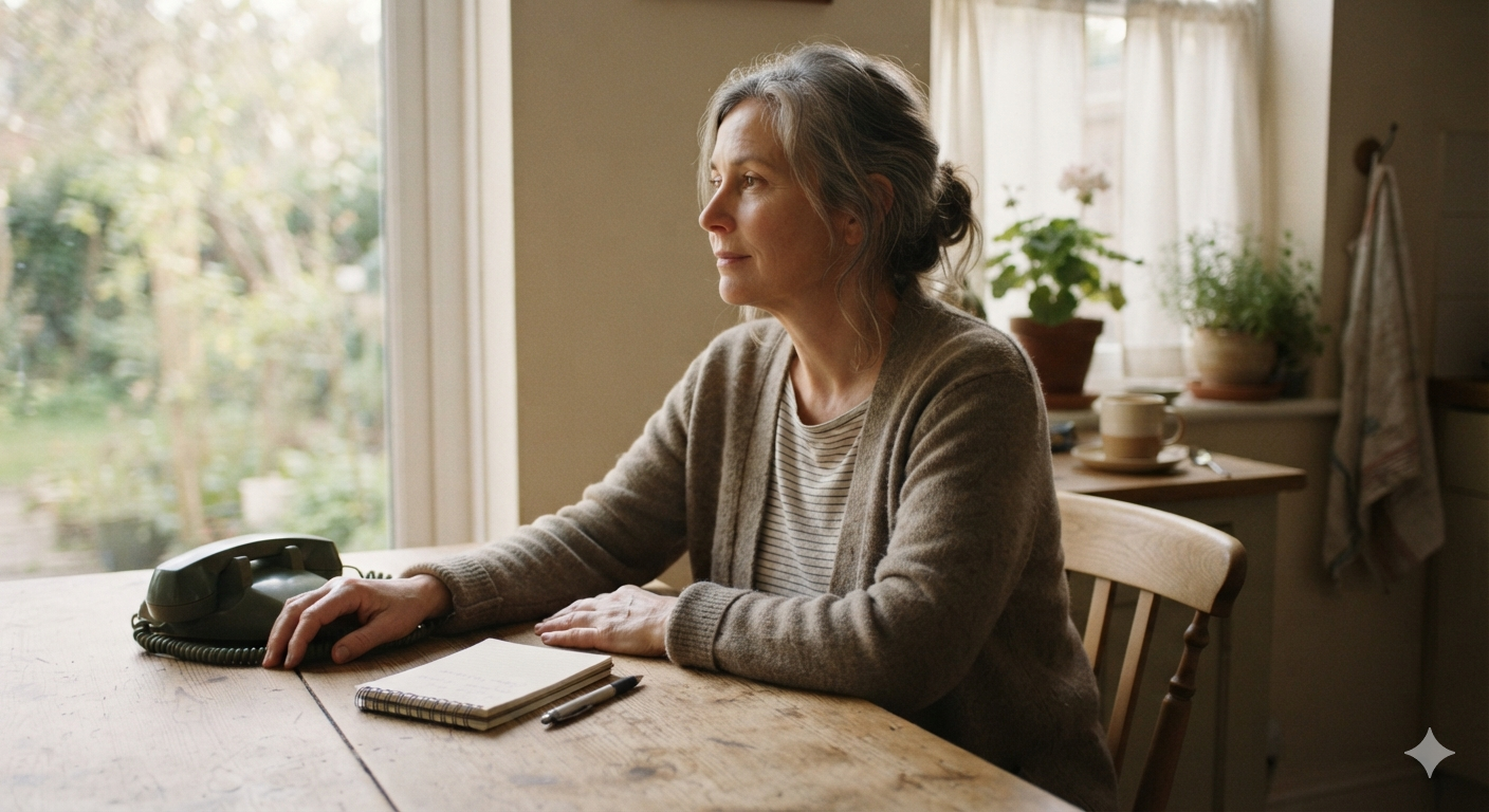 A person pausing to sit with a problem before reaching for a quick fix