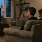 Two people sitting close but silent on a couch at dusk, evoking the quiet weight of avoiding conflict in a relationship.