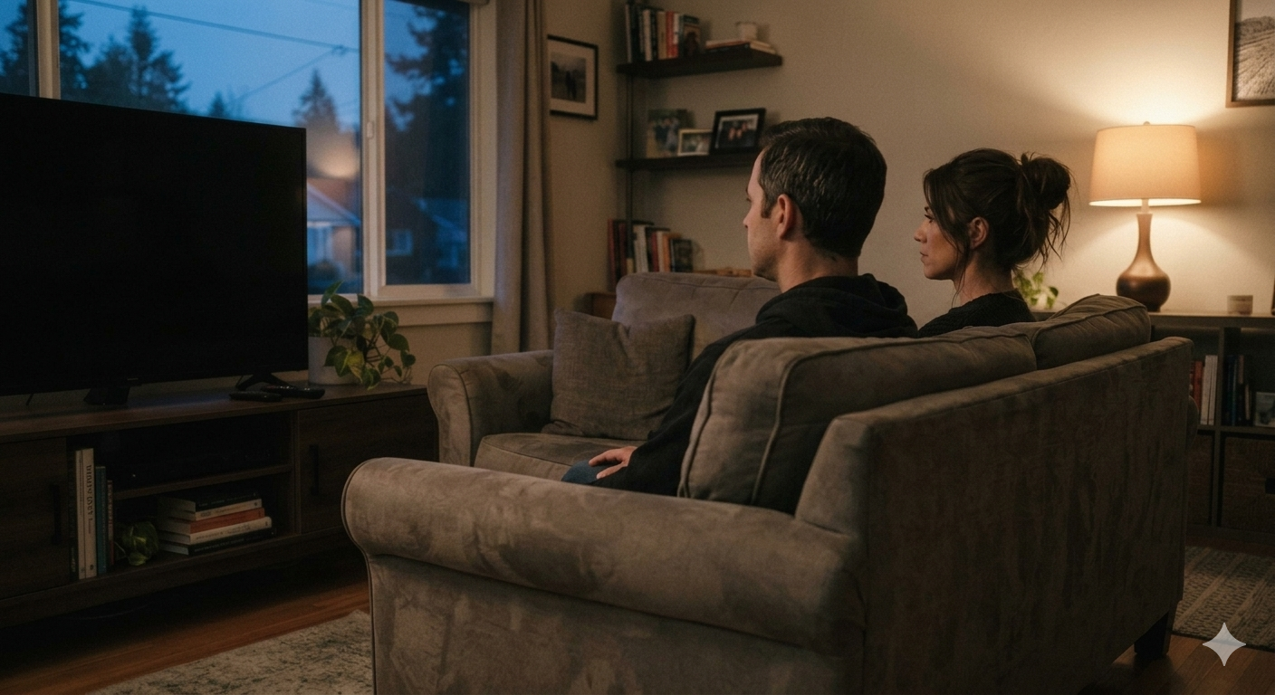 Two people sitting close but silent on a couch at dusk, evoking the quiet weight of avoiding conflict in a relationship.