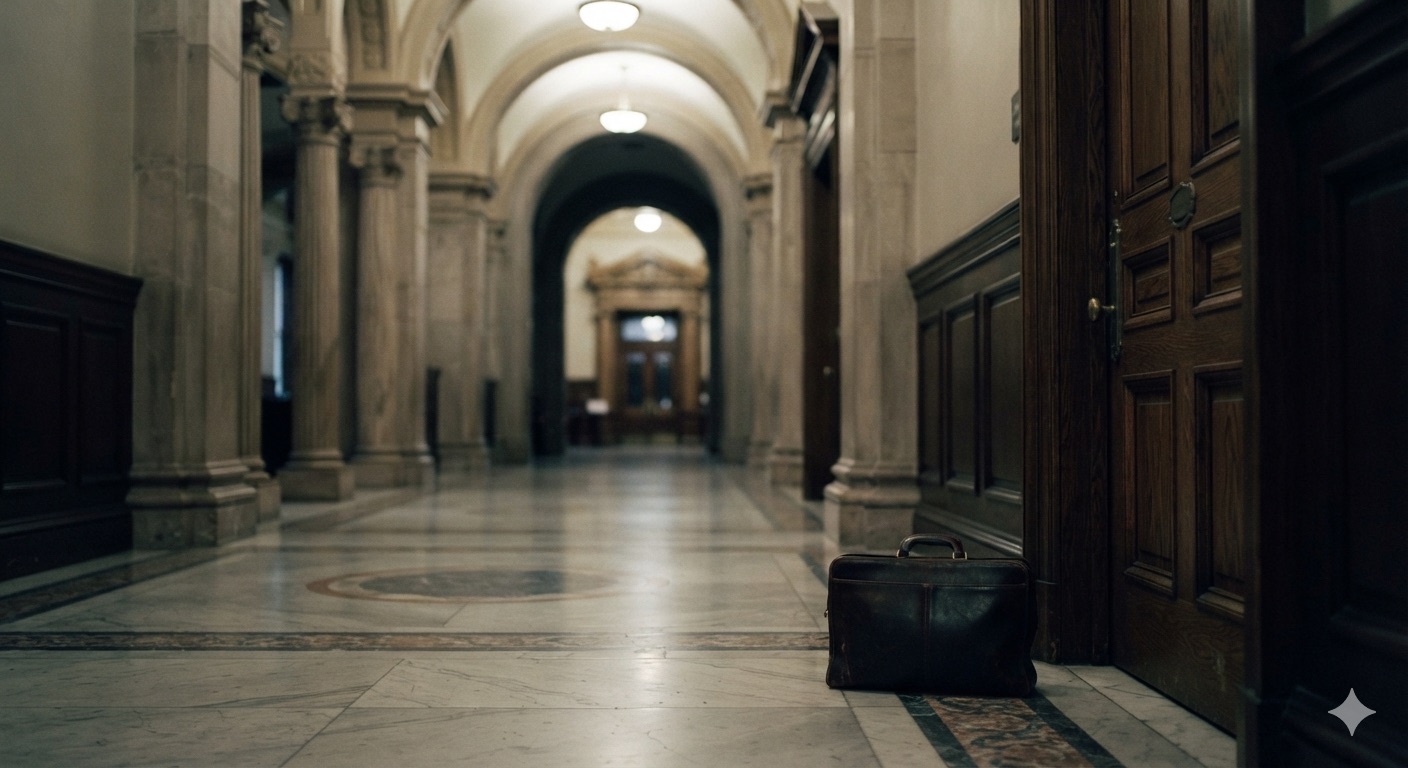 A briefcase waiting alone in an empty marble hallway outside a chamber door — representing lobbying, organized efforts to influence government decisions