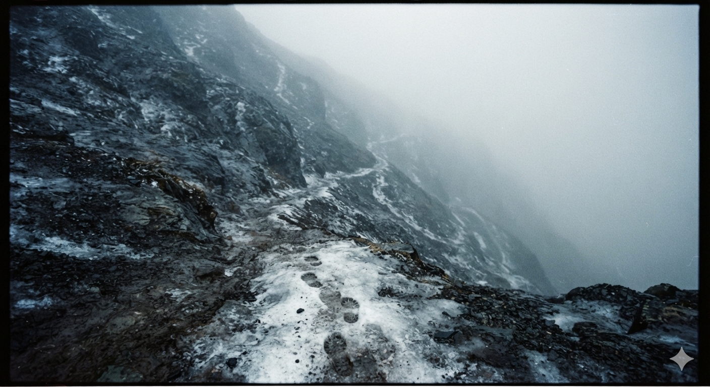 A steep, icy slope descending into fog with footprints vanishing below &mdash; representing a slippery slope argument's chain of assumed, unproven consequences