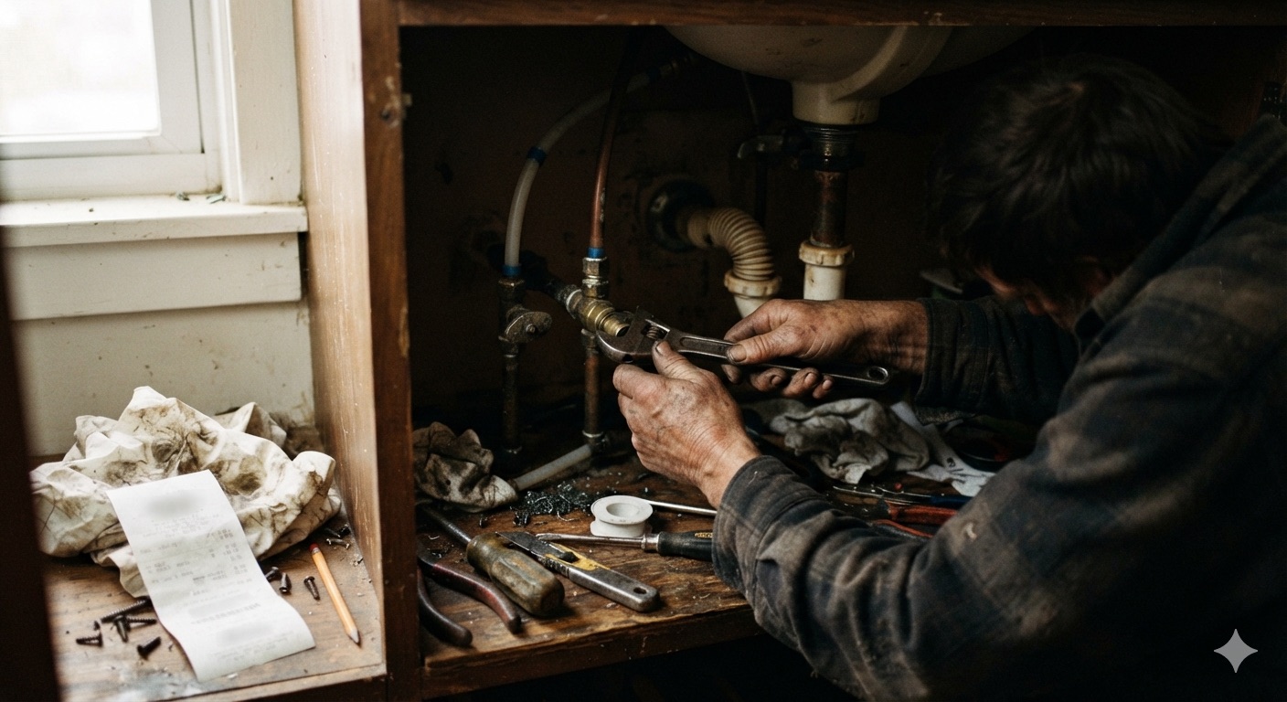 A pair of hands mid-repair under a sink — proof that trying it yourself, even messily, is never a waste of a weekend.