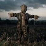 A crude straw figure standing alone in a dim field at dusk &mdash; representing a straw man argument, a weaker stand-in built to be easily defeated