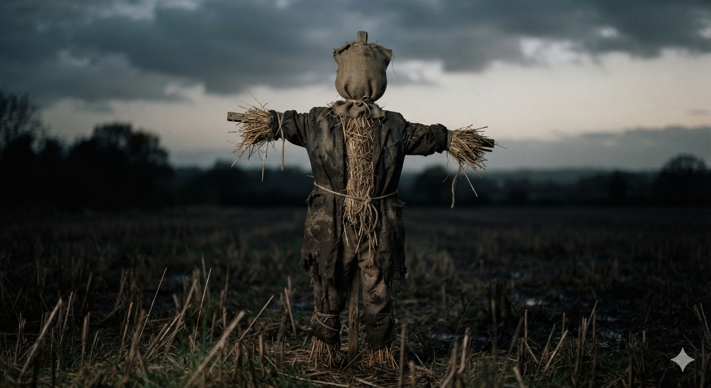 A crude straw figure standing alone in a dim field at dusk &mdash; representing a straw man argument, a weaker stand-in built to be easily defeated