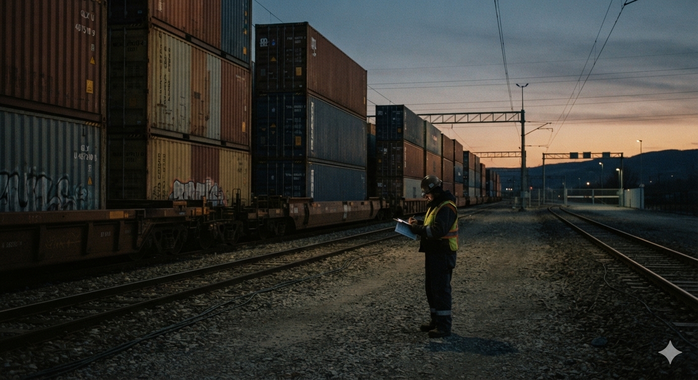 Cargo containers at a border crossing at dusk, representing who benefits from a proxy war through distant trade and supply routes